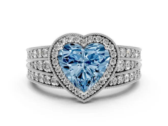 Fancy Blue Heart Cut Diamond Halo Ring Set in White gold with Accent Split Shank and Prong Setting