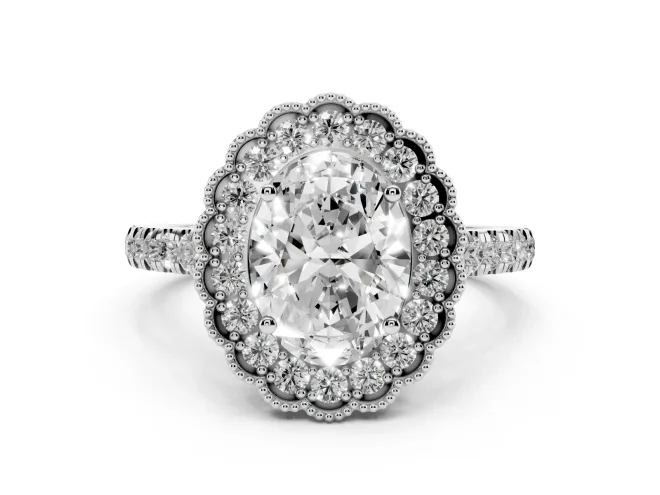 Oval Cut Diamond Milgrain Floral Halo Engagement Ring Set in Silver with Pavé Band