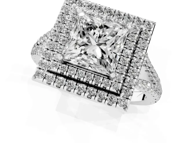 Princess Cut Diamond Double Halo Ring Set in White gold with Pavé Band – second view