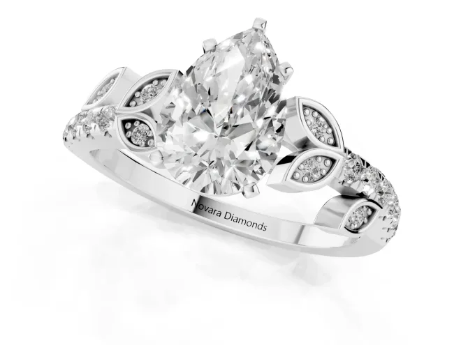 Pear Cut Diamond Solitaire Leaf-Inspired Ring Set in White gold with Pavé Band and Prong Setting – second view