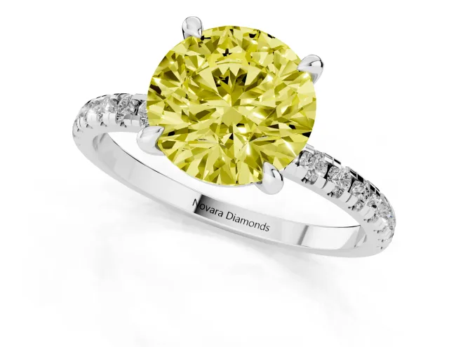 Fancy Yellow Round Cut Diamond Brilliant Solitaire Ring Set in Platinum with Pavé Band and Prong Setting – second view