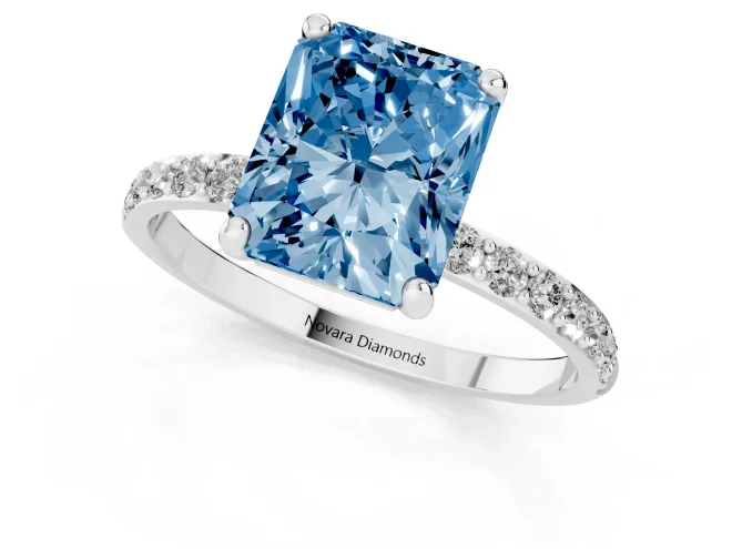 Fancy Blue Radiant Cut Diamond Solitaire Ring Set in Silver with Round Pavé Band and Prong Setting – second view