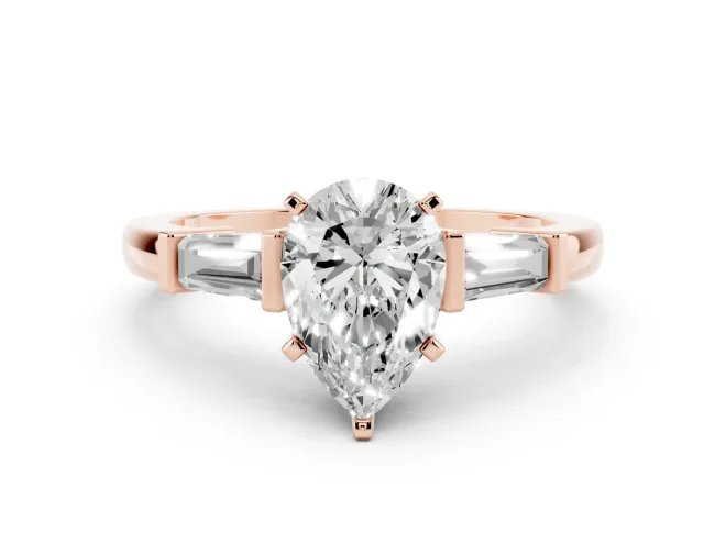Pear-Shaped Three-Stone Engagement Ring Setting | Tapered Baguettes | Rose Gold