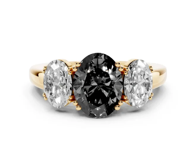 Fancy Black Oval Cut Diamond Three-Stone Ring Set in Yellow gold with Polished Band and Prong Setting