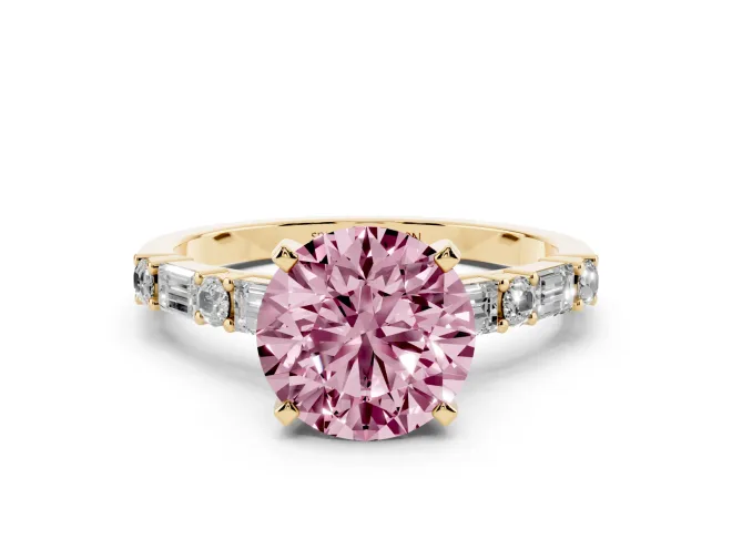 Round Baguette Side Stone Engagement Ring Setting for a Fancy Pink Lab-Grown Diamond | Yellow Gold
