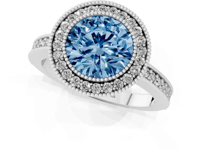 Fancy Blue Round Cut Diamond Halo Engagement Ring Set in White gold with Pavé Band and Round Halo Stones – second view