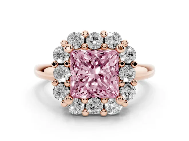 Princess Cut Cluster Halo Engagement Ring Setting for a Fancy Pink Lab-Grown Diamond | Large Round Accents | Rose Gold