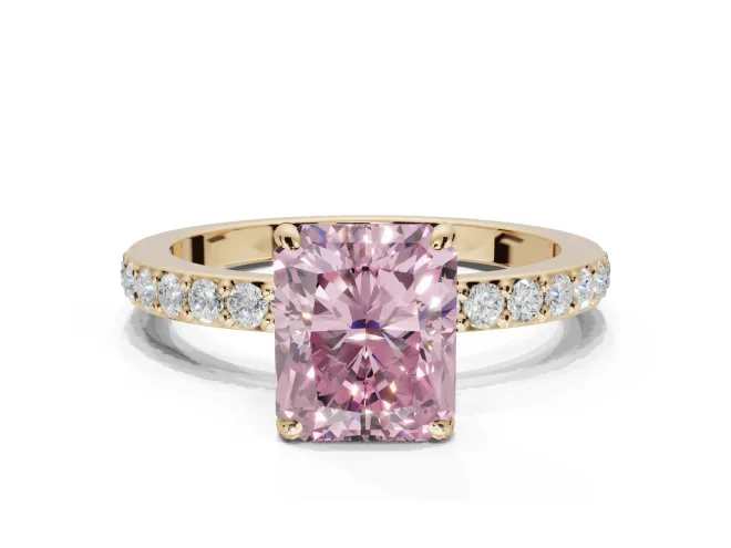 Radiant Cut Hidden Halo Engagement Ring Setting for a Fancy Pink Lab-Grown Diamond | Pavé Band | Yellow Gold