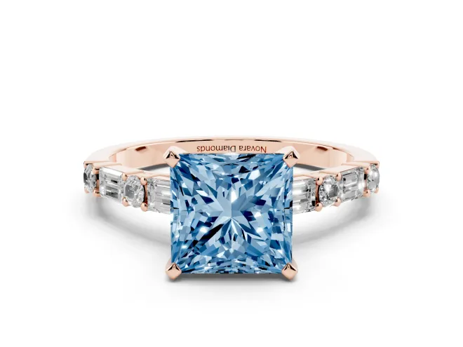 Princess Cut Baguette Side Stone Engagement Ring Setting for a Fancy Blue Lab-Grown Diamond | Rose Gold