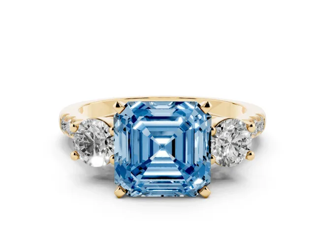 Asscher Cut Three-Stone Engagement Ring Setting for a Fancy Blue Lab-Grown Diamond | Yellow Gold