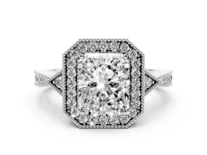 Radiant Cut Vintage Milgrain Halo Engagement Ring Setting | Graduated Pavé Band | White Gold