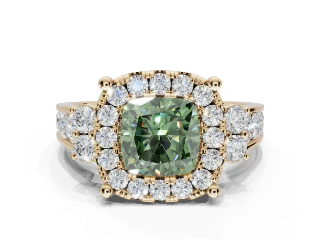 Cushion Cut Halo Engagement Ring Setting for a Fancy Green Lab-Grown Diamond | Graduated Channel Band | Yellow Gold