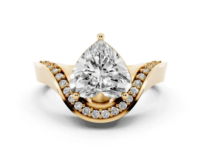 Heart Cut Diamond Solitaire Engagement Ring Set in Yellow gold with Pavé Shoulders
