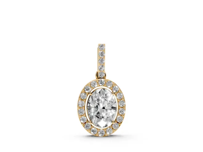 Oval Lab-Grown Diamond Halo Pendant Necklace | Pavé Bail | Yellow Gold