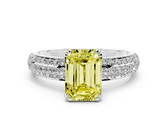 Fancy Yellow Emerald Cut Diamond Solitaire Ring Set in White gold with Multi-Row Round Pavé Band and Prong Setting