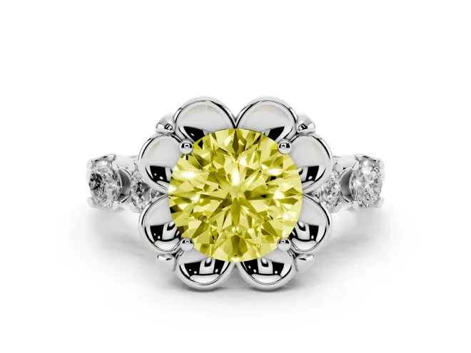 Fancy Yellow Round Cut Diamond Floral Halo Ring Set in Silver with Shared Prong Band