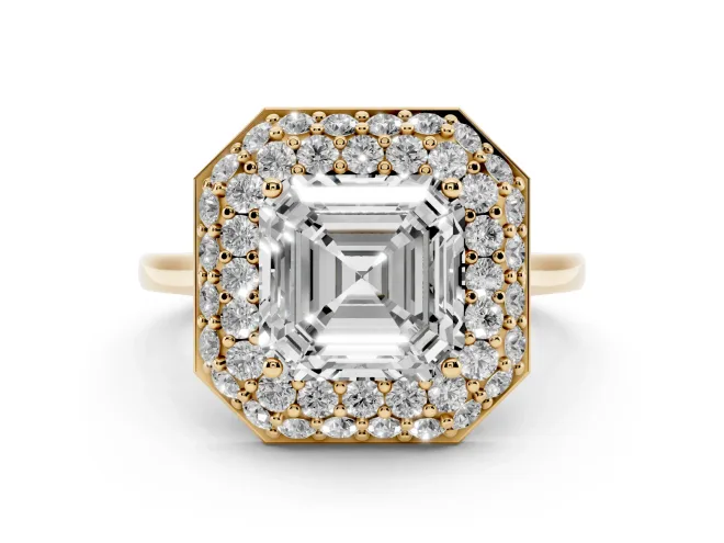 Asscher Cut Pavé Halo Engagement Ring Setting | Slim Plain Band | Yellow Gold