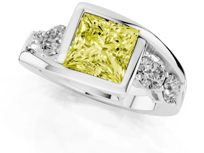 Fancy Yellow Princess Cut Diamond Bezel Bypass Ring Set in Silver with Round Accents – second view