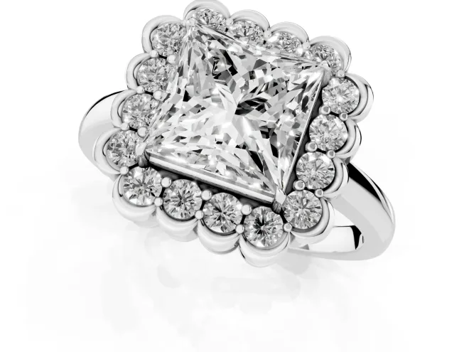 Princess Cut Diamond Halo Cluster Engagement Ring Set in Platinum with Solitaire Band and Prong Setting – second view