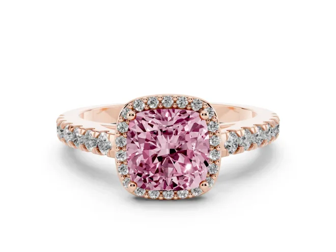 Cushion Cut Halo Pavé Engagement Ring Setting for a Fancy Pink Lab-Grown Diamond | Rose Gold