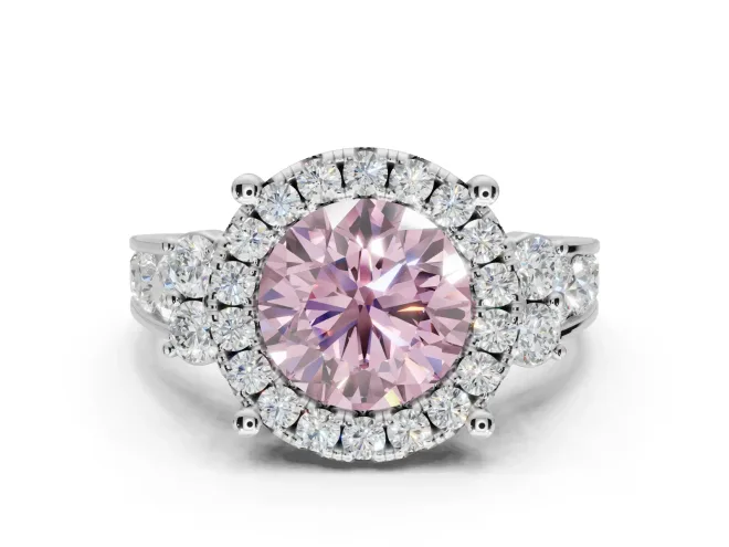 Round Halo Engagement Ring Setting for a Fancy Pink Lab-Grown Diamond | Side Clusters | White Gold