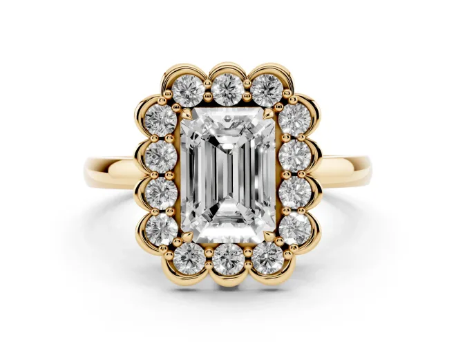 Emerald Cut Scalloped Cluster Halo Engagement Ring Setting | Plain Band | Yellow Gold