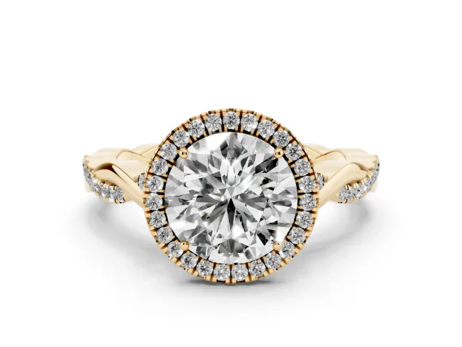 Round Halo Engagement Ring Setting | Pavé Twist Band | Yellow Gold