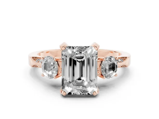 Emerald Cut Hidden Halo Three Stone Engagement Ring Setting | Pavé Gallery | Rose Gold