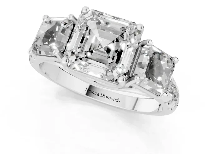 Asscher Cut Diamond Three-Stone Ring Set in White gold with Pavé Band – second view