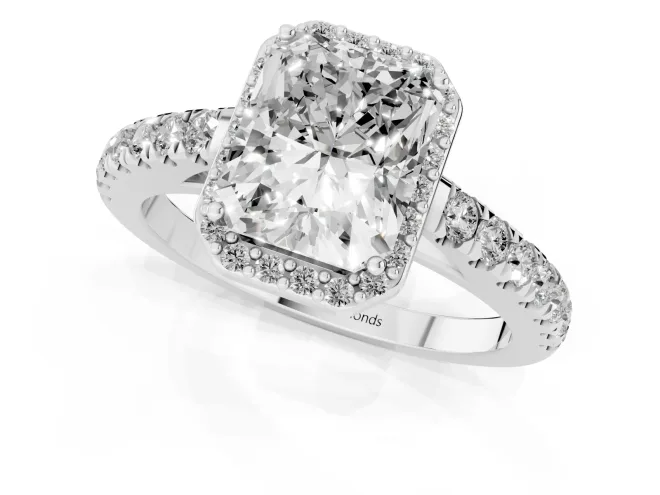 Radiant Cut Diamond Halo Engagement Ring Set in White gold with Pavé Band and Prong Setting – second view