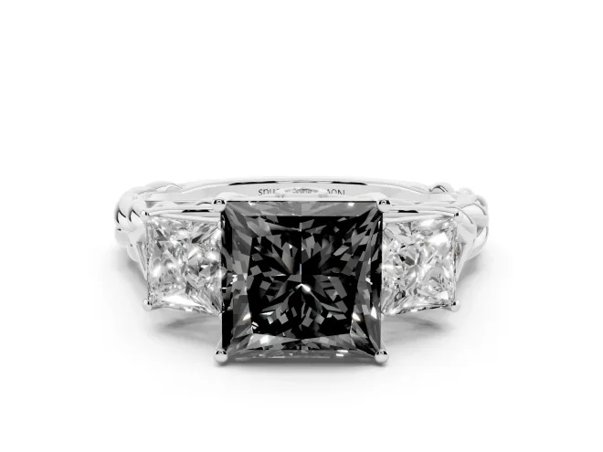 Fancy Black Princess Cut Diamond Three-Stone Ring Set in Silver with Braided Band
