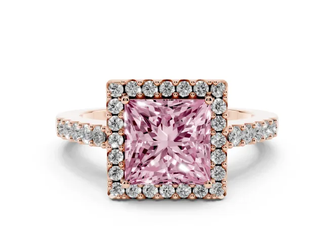 Princess Cut Halo Engagement Ring Setting for a Fancy Pink Lab-Grown Diamond | Single Row Pavé Band | Rose Gold
