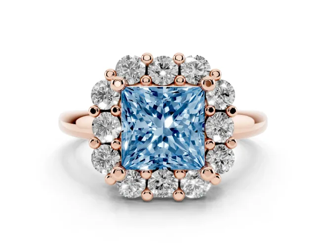 Princess Cut Cluster Halo Engagement Ring Setting for a Fancy Blue Lab-Grown Diamond | Large Round Accents | Rose Gold