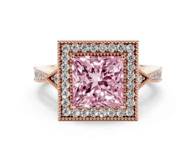 Princess Cut Milgrain Halo Engagement Ring Setting for a Fancy Pink Lab-Grown Diamond | Graduated Pavé | Rose Gold