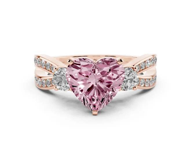 Heart-Shaped Three-Stone Pavé Twist Engagement Ring Setting for a Fancy Pink Lab-Grown Diamond | Split Shank | Rose Gold