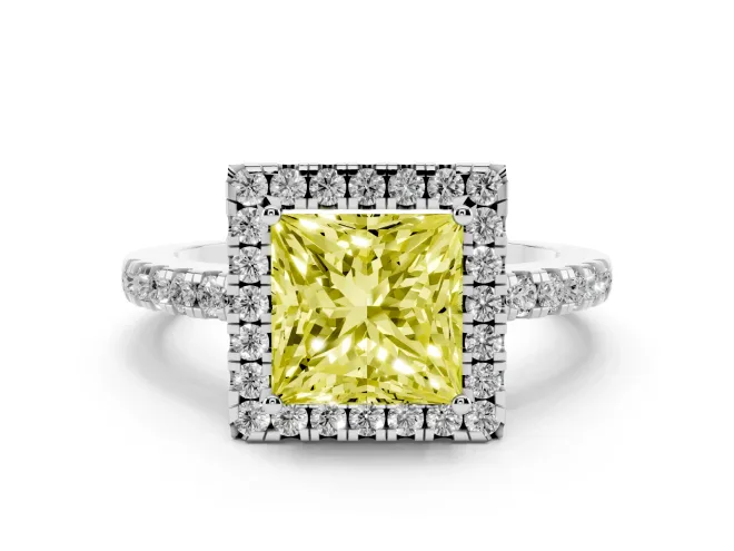 Princess Cut Halo Engagement Ring Setting for a Fancy Yellow Lab-Grown Diamond | Shared Prong Pavé Band | White Gold