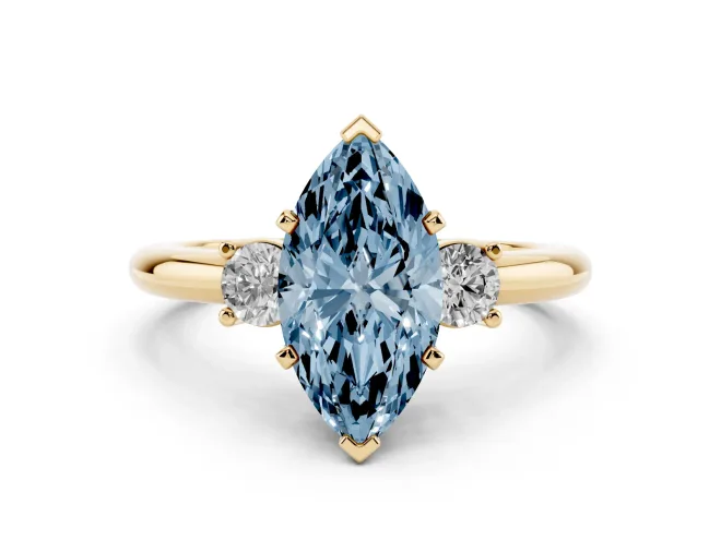 Marquise Three Stone Engagement Ring Setting for a Fancy Blue Lab-Grown Diamond | Round Side Stones | Yellow Gold