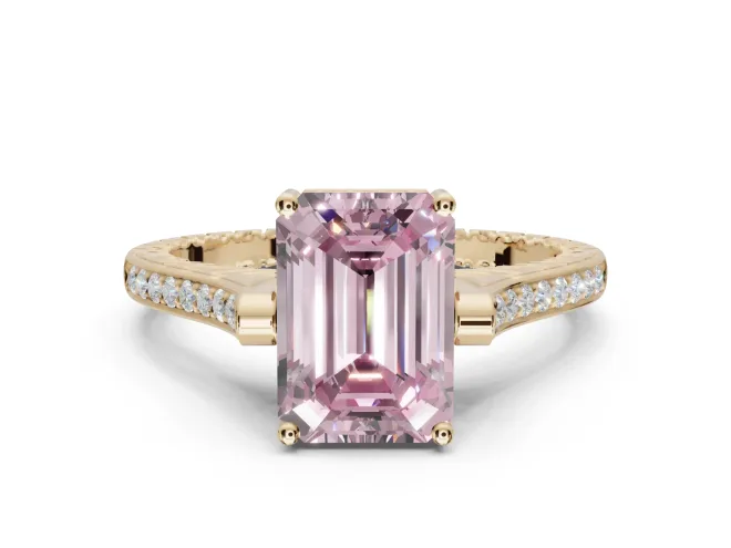 Emerald Cut Vintage Cathedral Engagement Ring Setting for a Fancy Pink Lab-Grown Diamond | Carved Band | Yellow Gold