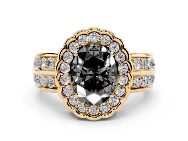 Oval Scalloped Halo Engagement Ring Setting for a Black Center | Double Row Band | Yellow Gold