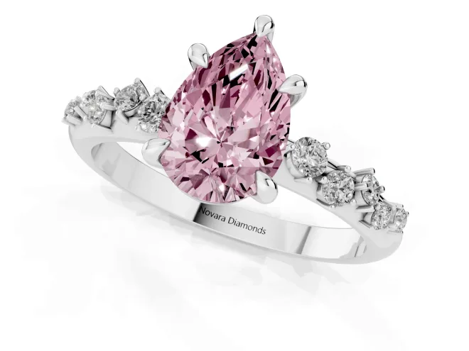 Fancy Pink Pear Cut Diamond Solitaire Vine Band Ring Set in White gold with Round Accents and Prong Setting – second view