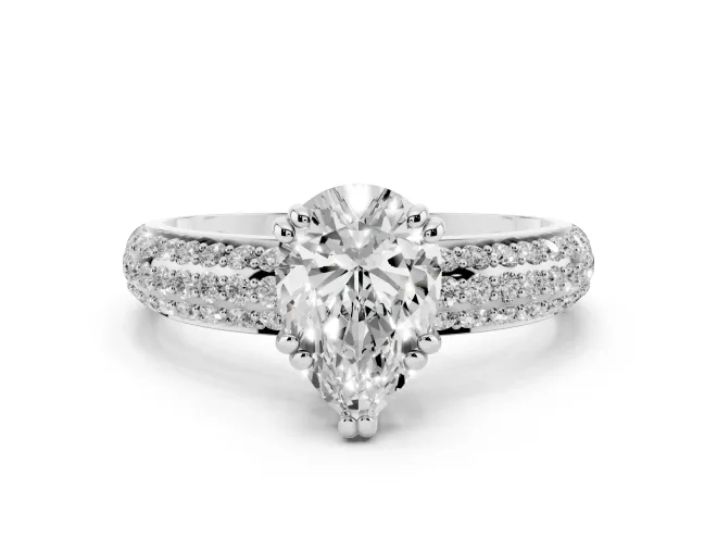Pear-Shaped Three Row Pavé Solitaire Engagement Ring Setting | Double Claw Prongs | White Gold