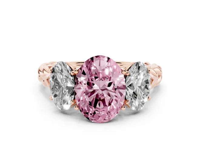 Oval Three Stone Engagement Ring Setting for a Fancy Pink Lab-Grown Diamond | Braided Band | Rose Gold