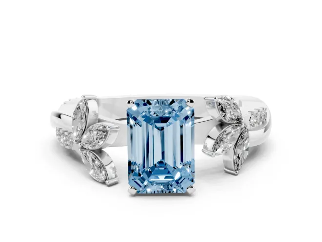 Emerald Cut Floral Vine Engagement Ring Setting for a Fancy Blue Lab-Grown Diamond | White Gold