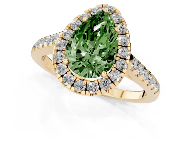 Fancy Green Pear Cut Diamond Halo Pavé Engagement Ring Set in Yellow gold with Prong Setting – second view