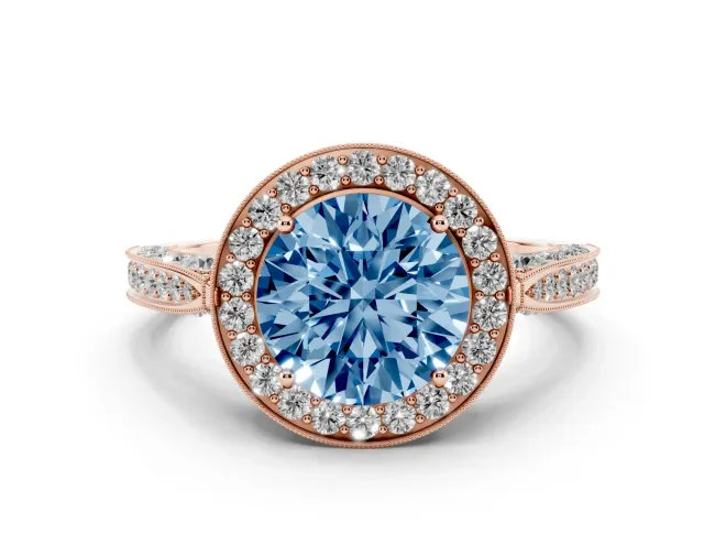 Round Milgrain Halo Engagement Ring Setting for a Fancy Blue Lab-Grown Diamond | Side Stones | Rose Gold