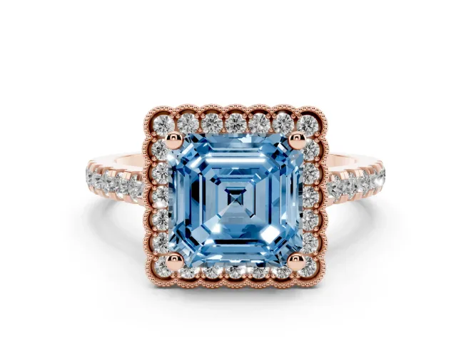 Asscher Cut Milgrain Floral Halo Engagement Ring Setting for a Fancy Blue Lab-Grown Diamond | Pavé Band | Rose Gold