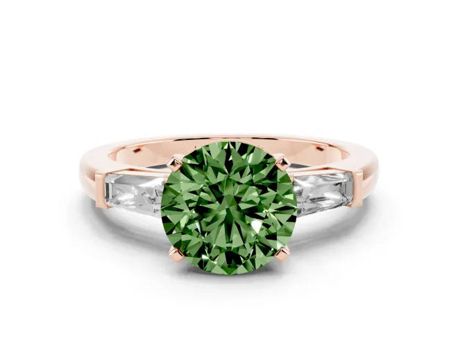 Round Three Stone Engagement Ring Setting for a Fancy Green Lab-Grown Diamond | Tapered Baguettes | Rose Gold