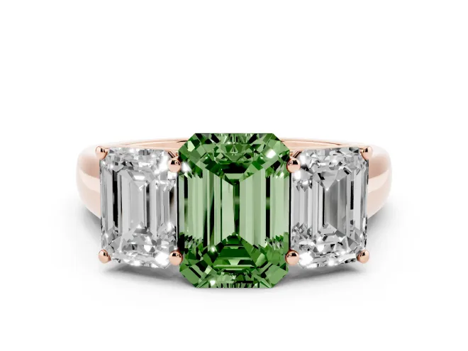 Emerald Cut Three Stone Engagement Ring Setting for a Fancy Green Lab-Grown Diamond | Basket Prong Heads | Rose Gold