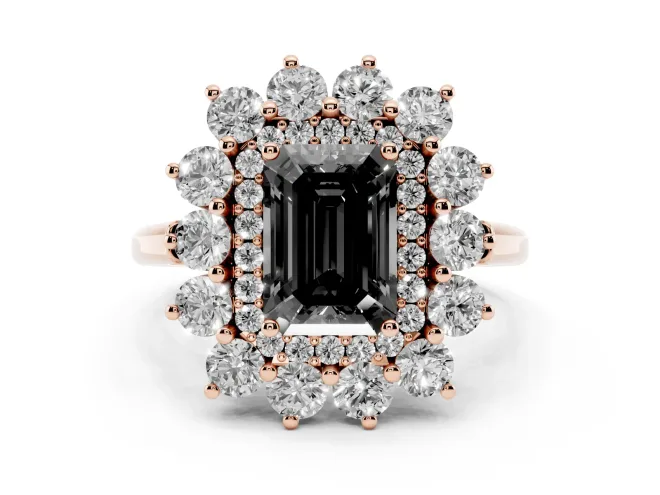 Emerald Cut Floral Double Halo Engagement Ring Setting for a Black Center | Plain Band | Rose Gold