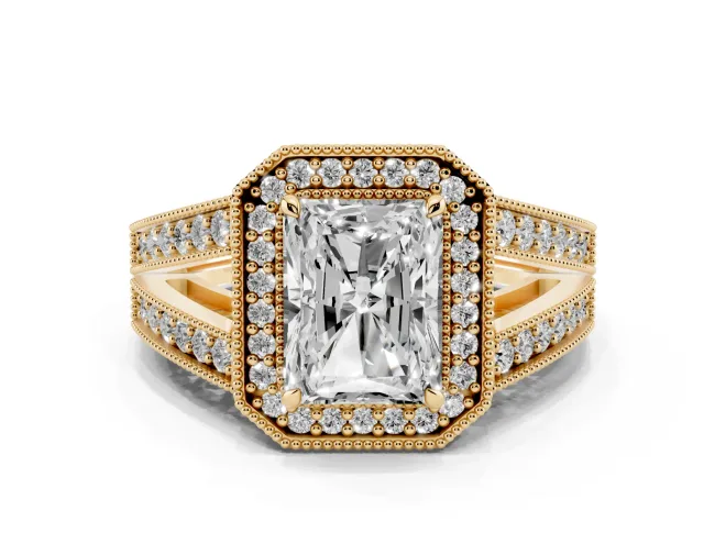 Radiant Cut Diamond Halo Ring Set in Yellow gold with Stone-Set Split Shank and Milgrain Edges